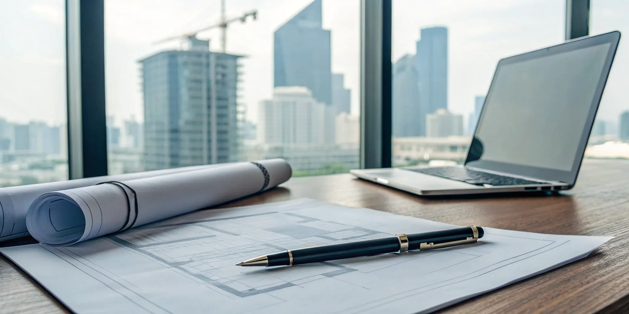 Blog 40 Commercial real estate legal documents on a desk overlooking a city.