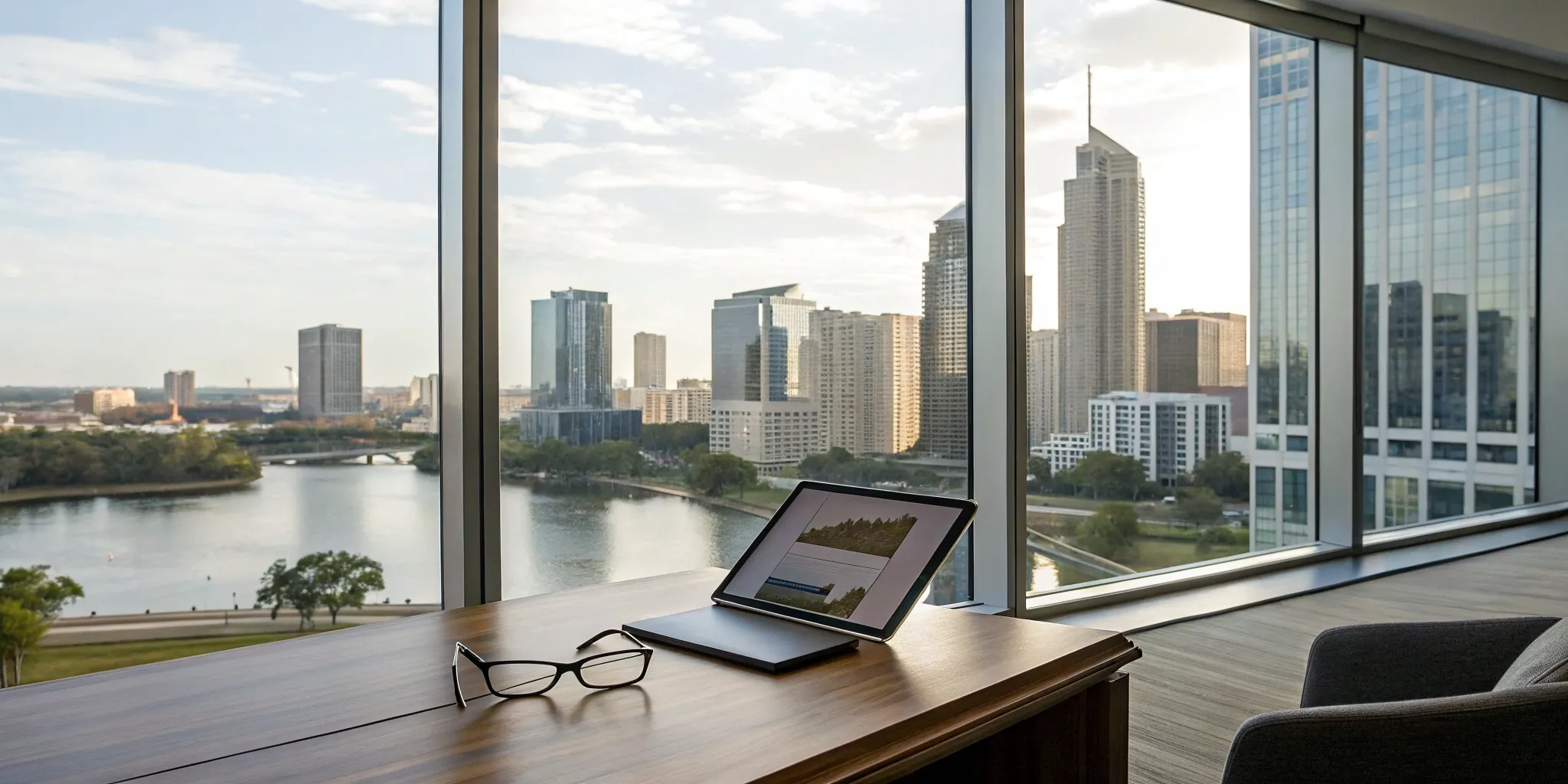 Blog 43 Find a commercial real estate agent. Office desk with city view.