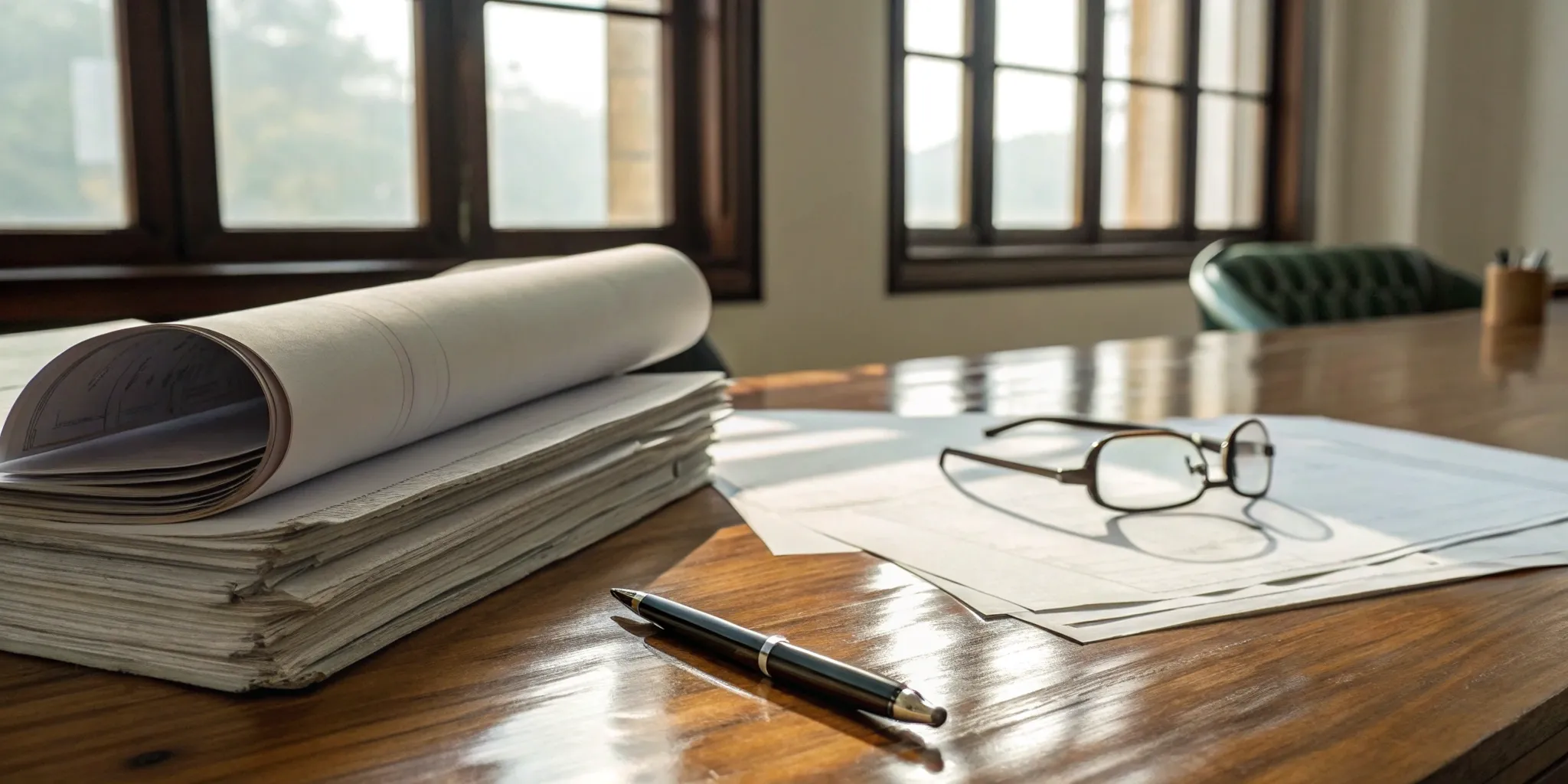 Blog 32 Real estate legal documents, pen, and glasses on desk.