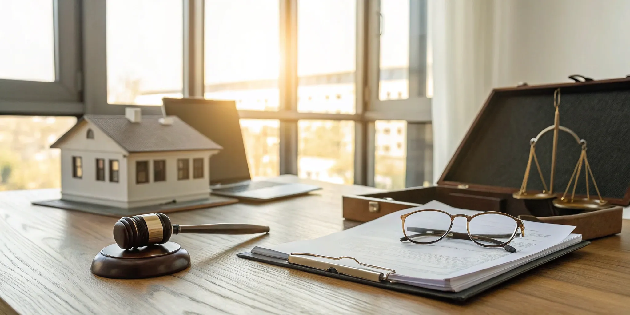 Blog 34 Real estate agent and lawyer combo: Gavel, scales, and house model.