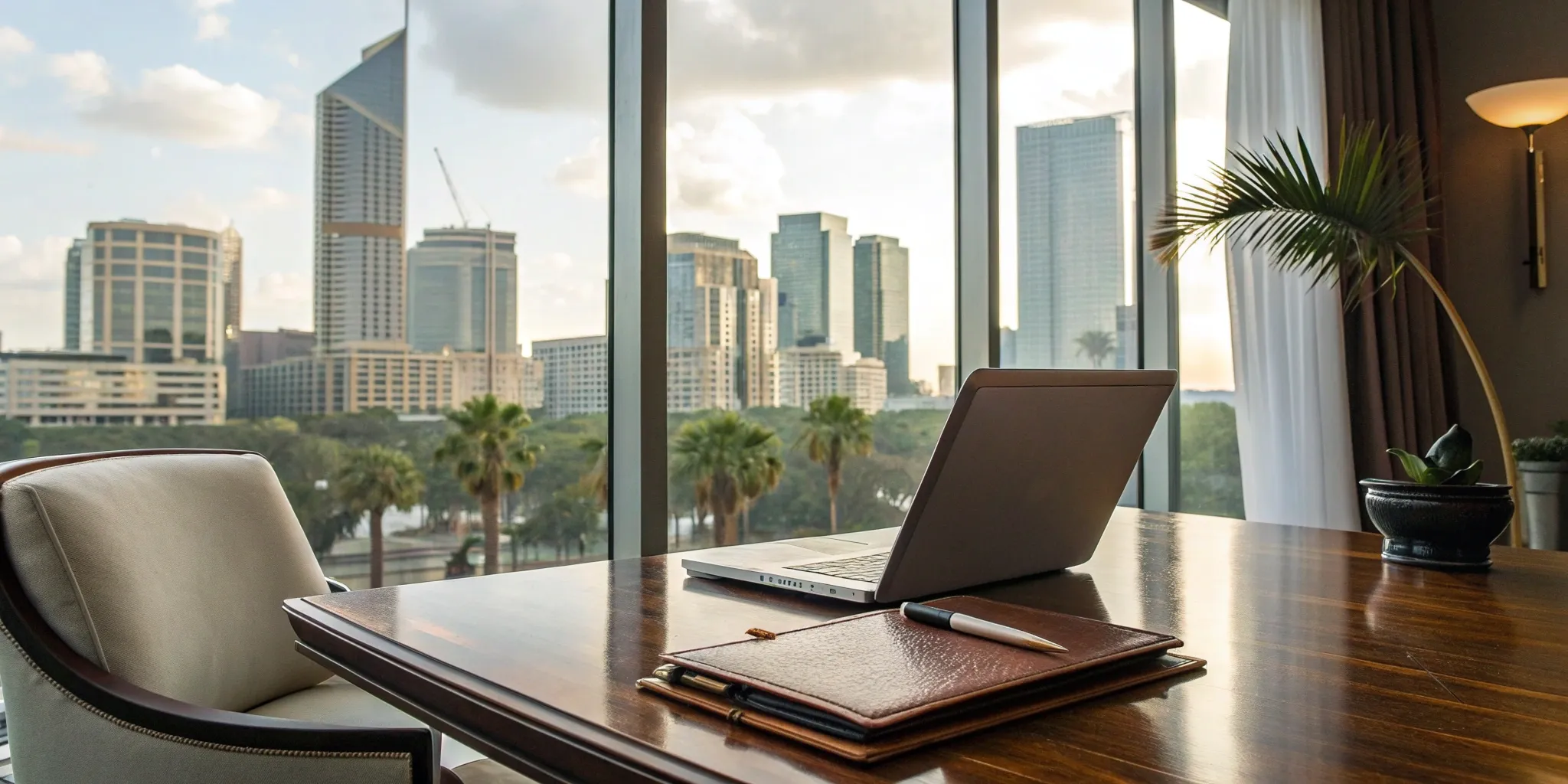 Blog 12 Florida attorney realtor workspace with laptop, notebook, and city view.