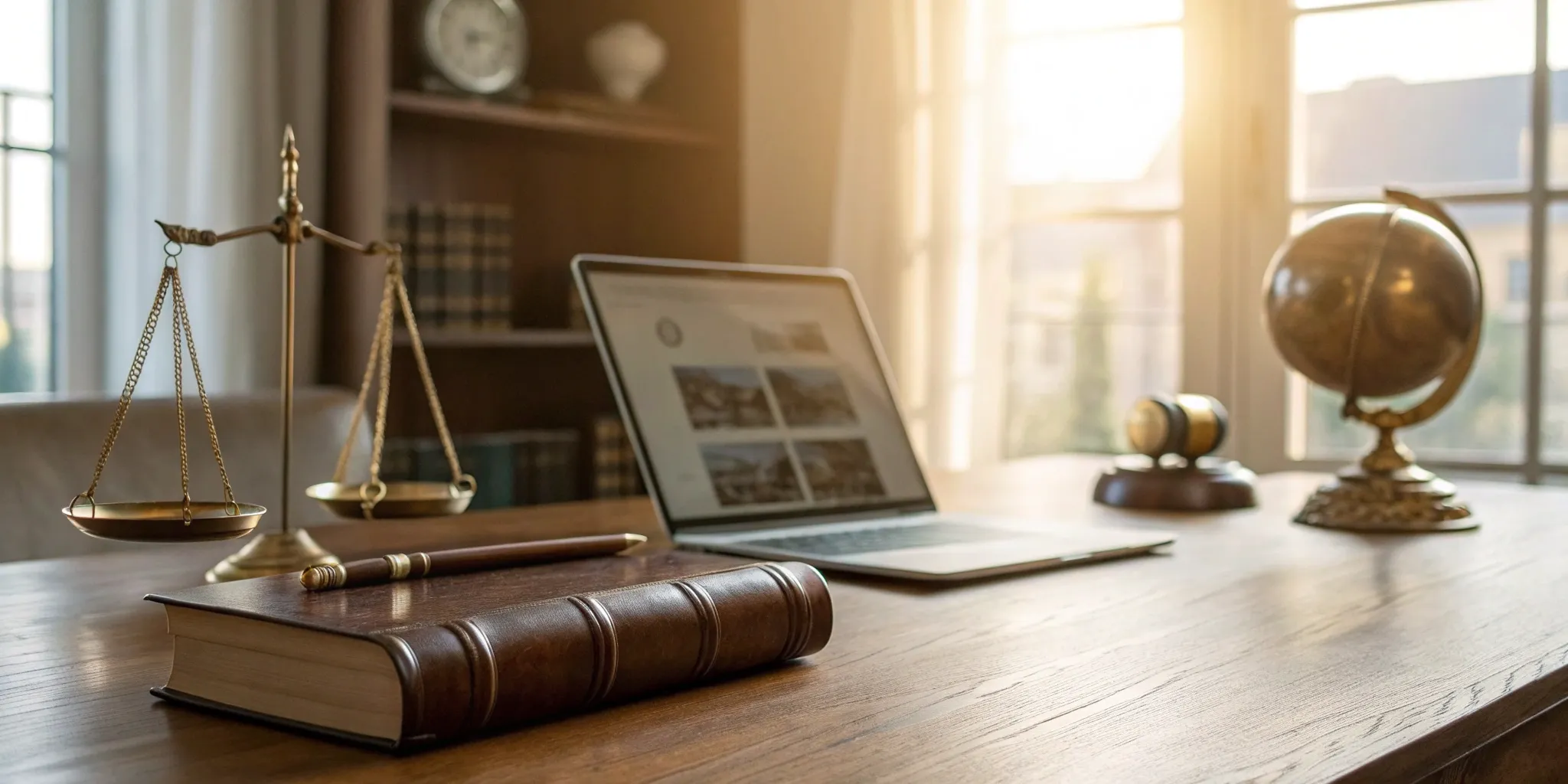 Blog 17 Real estate agent with legal expertise: law book, scales, and laptop.
