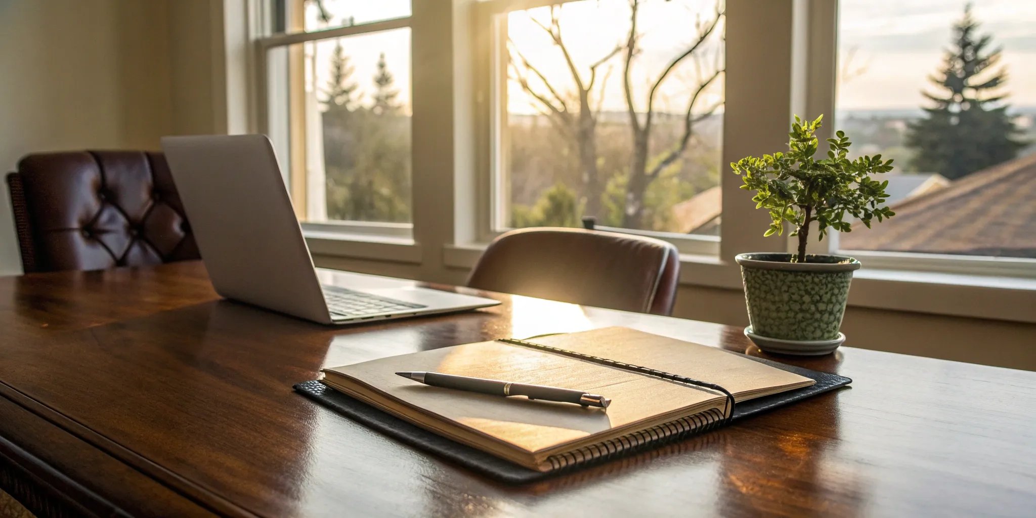Home 23 Real estate lawyer essentials: laptop, notebook, and pen.